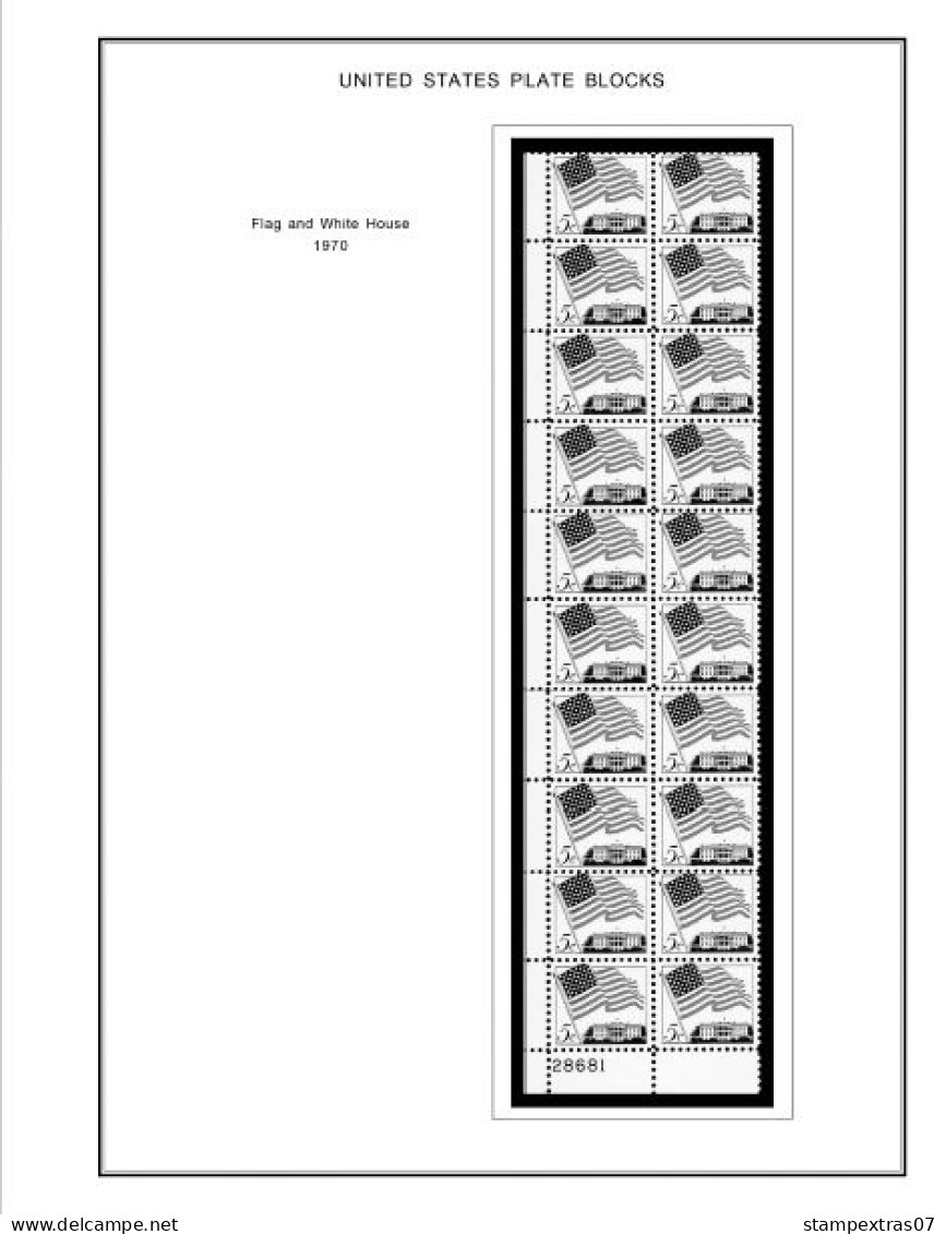 US 1960-1969 PLATE BLOCKS STAMP ALBUM PAGES (68 b&w illustrated pages)