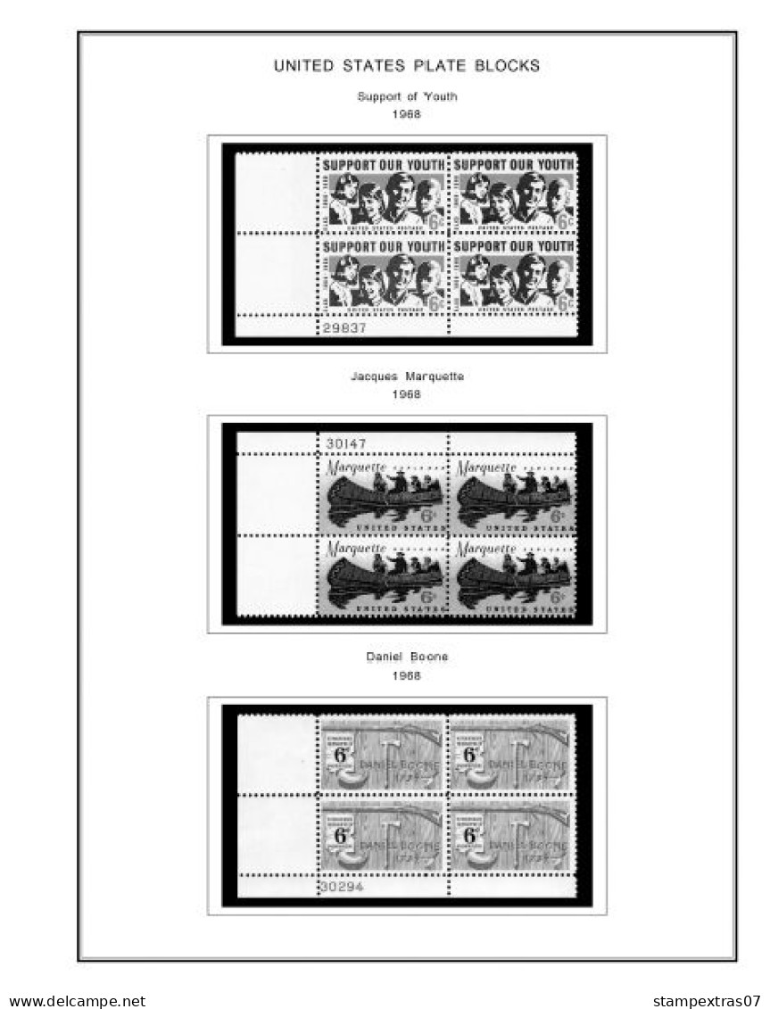 US 1960-1969 PLATE BLOCKS STAMP ALBUM PAGES (68 b&w illustrated pages)