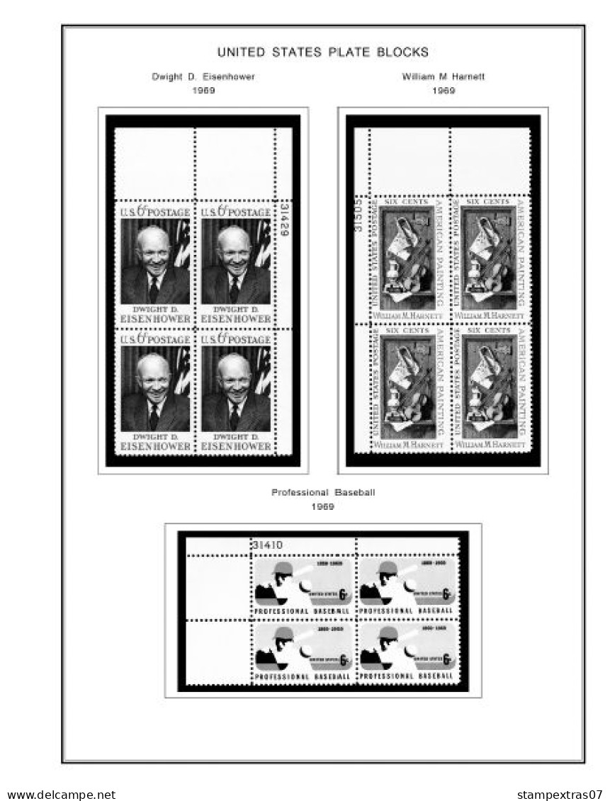 US 1960-1969 PLATE BLOCKS STAMP ALBUM PAGES (68 b&w illustrated pages)