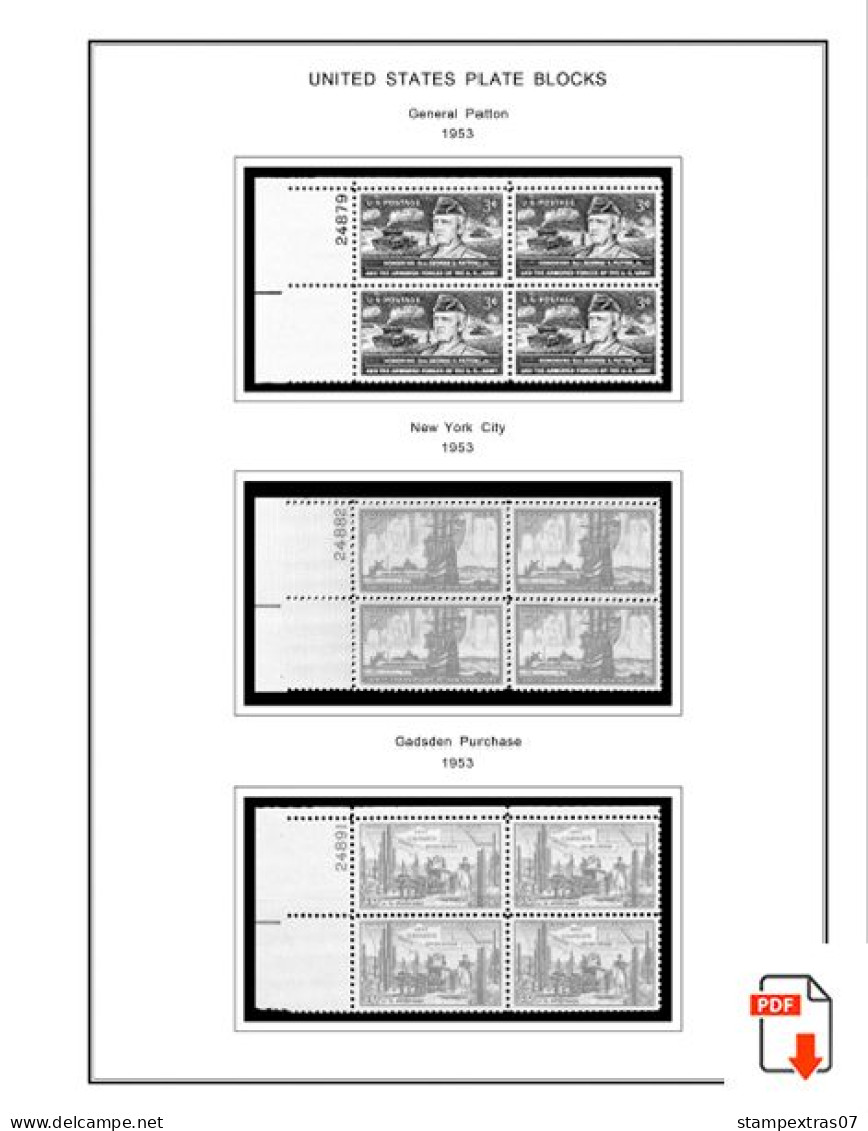 US 1950-1959 PLATE BLOCKS STAMP ALBUM PAGES (50 B&w Illustrated Pages) - Inglés