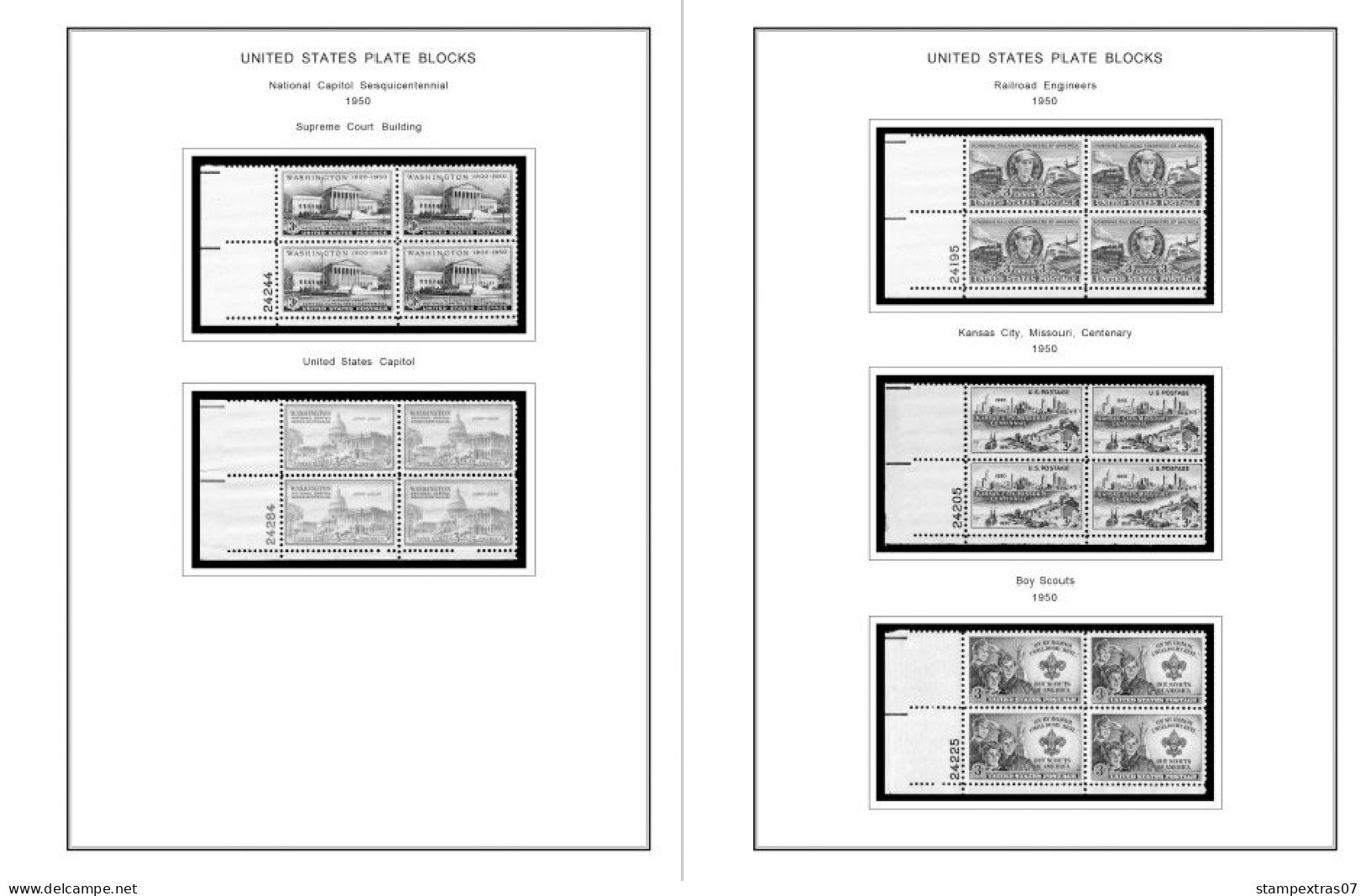 US 1950-1959 PLATE BLOCKS STAMP ALBUM PAGES (50 B&w Illustrated Pages) - English