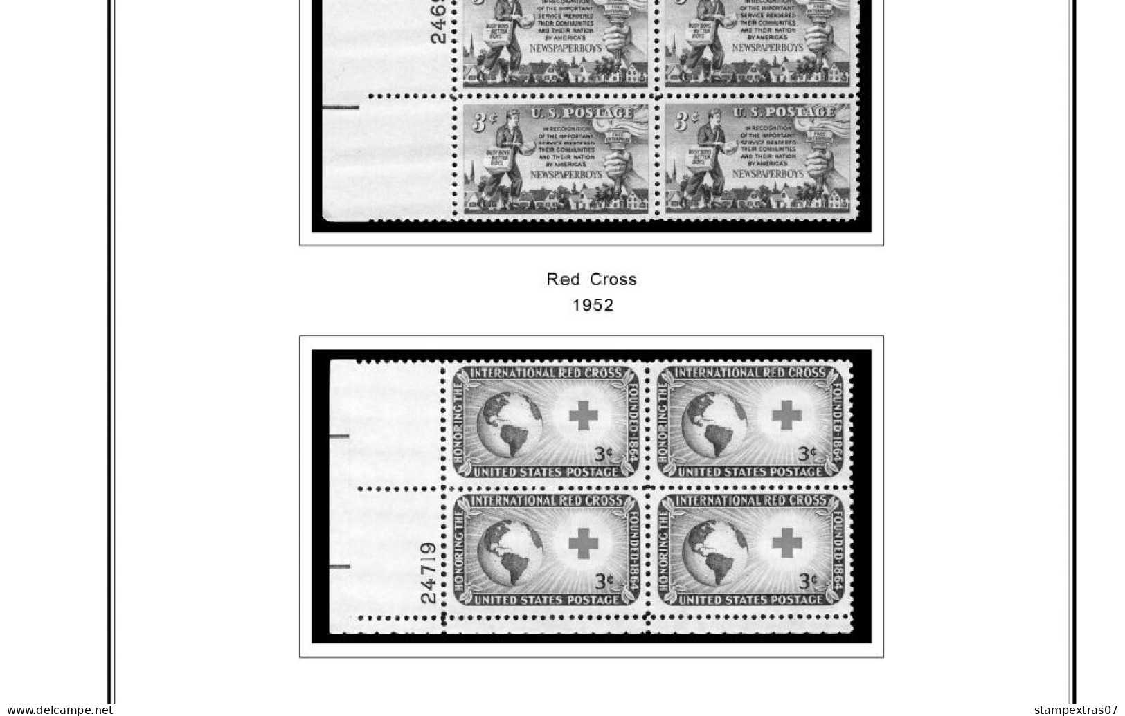 US 1950-1959 PLATE BLOCKS STAMP ALBUM PAGES (50 b&w illustrated pages)