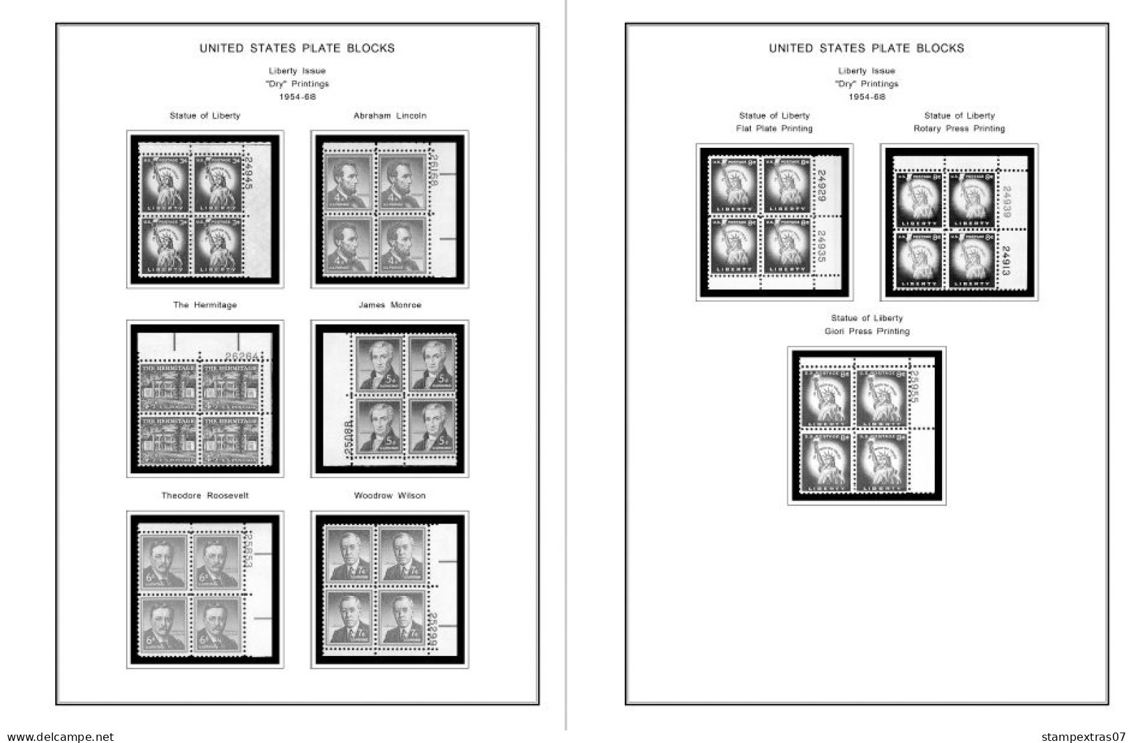 US 1950-1959 PLATE BLOCKS STAMP ALBUM PAGES (50 b&w illustrated pages)