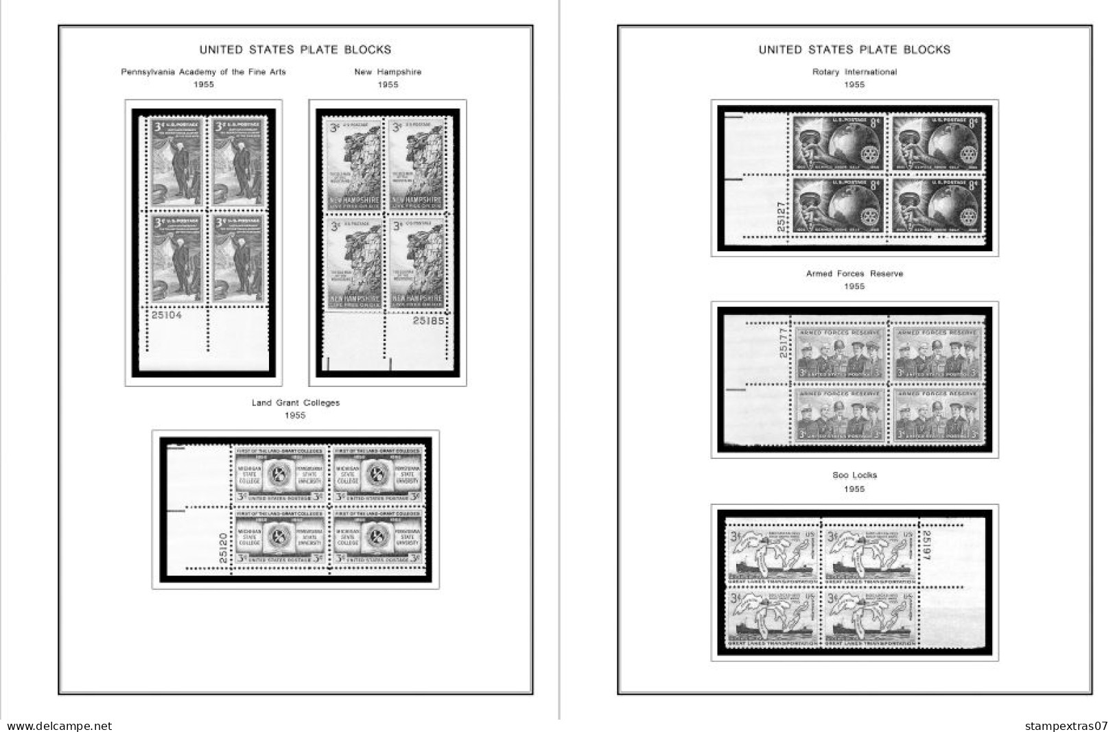 US 1950-1959 PLATE BLOCKS STAMP ALBUM PAGES (50 b&w illustrated pages)