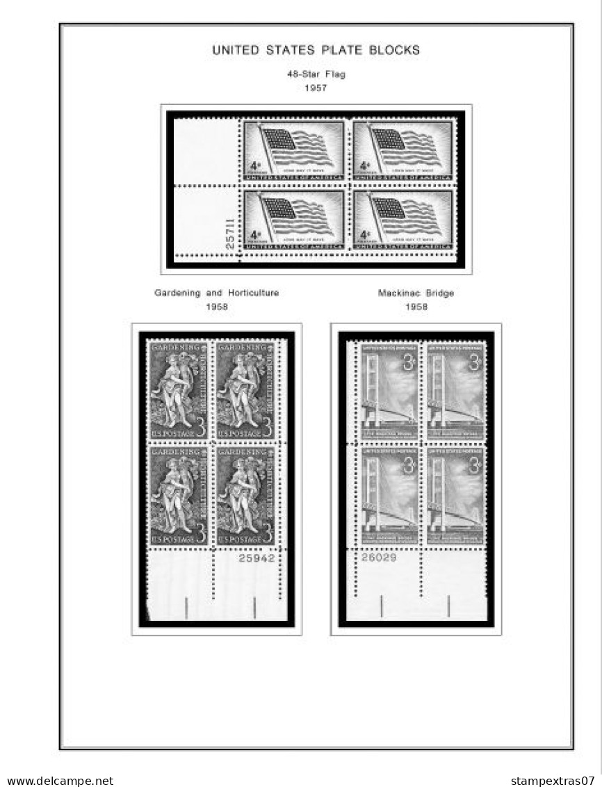 US 1950-1959 PLATE BLOCKS STAMP ALBUM PAGES (50 b&w illustrated pages)