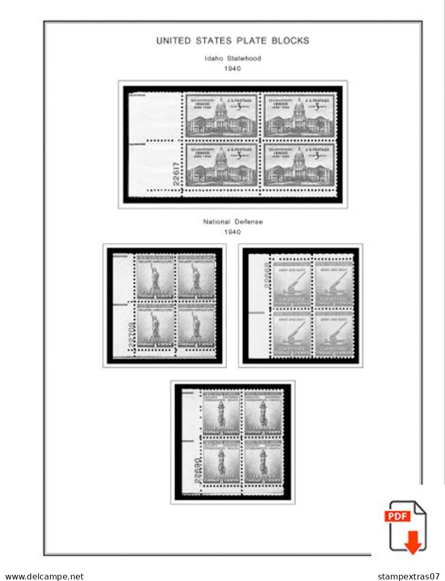 US 1940-1949 PLATE BLOCKS STAMP ALBUM PAGES (45 B&w Illustrated Pages) - English