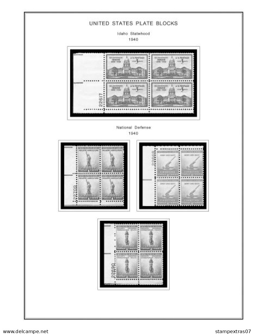 US 1940-1949 PLATE BLOCKS STAMP ALBUM PAGES (45 b&w illustrated pages)