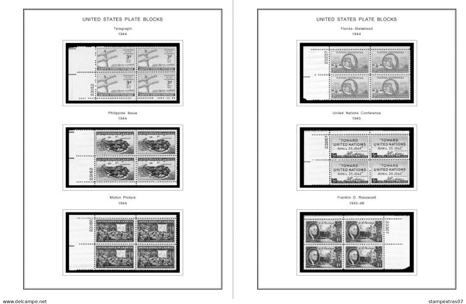 US 1940-1949 PLATE BLOCKS STAMP ALBUM PAGES (45 b&w illustrated pages)