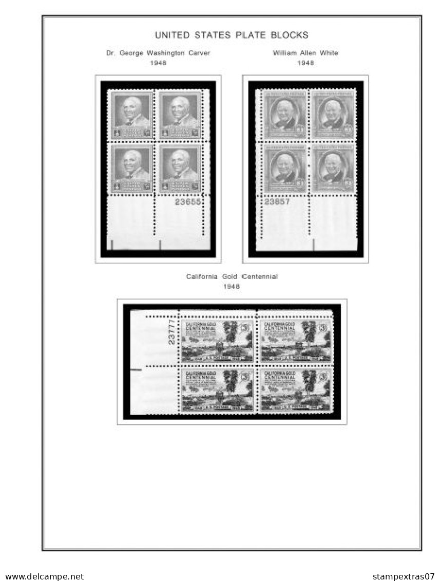 US 1940-1949 PLATE BLOCKS STAMP ALBUM PAGES (45 b&w illustrated pages)