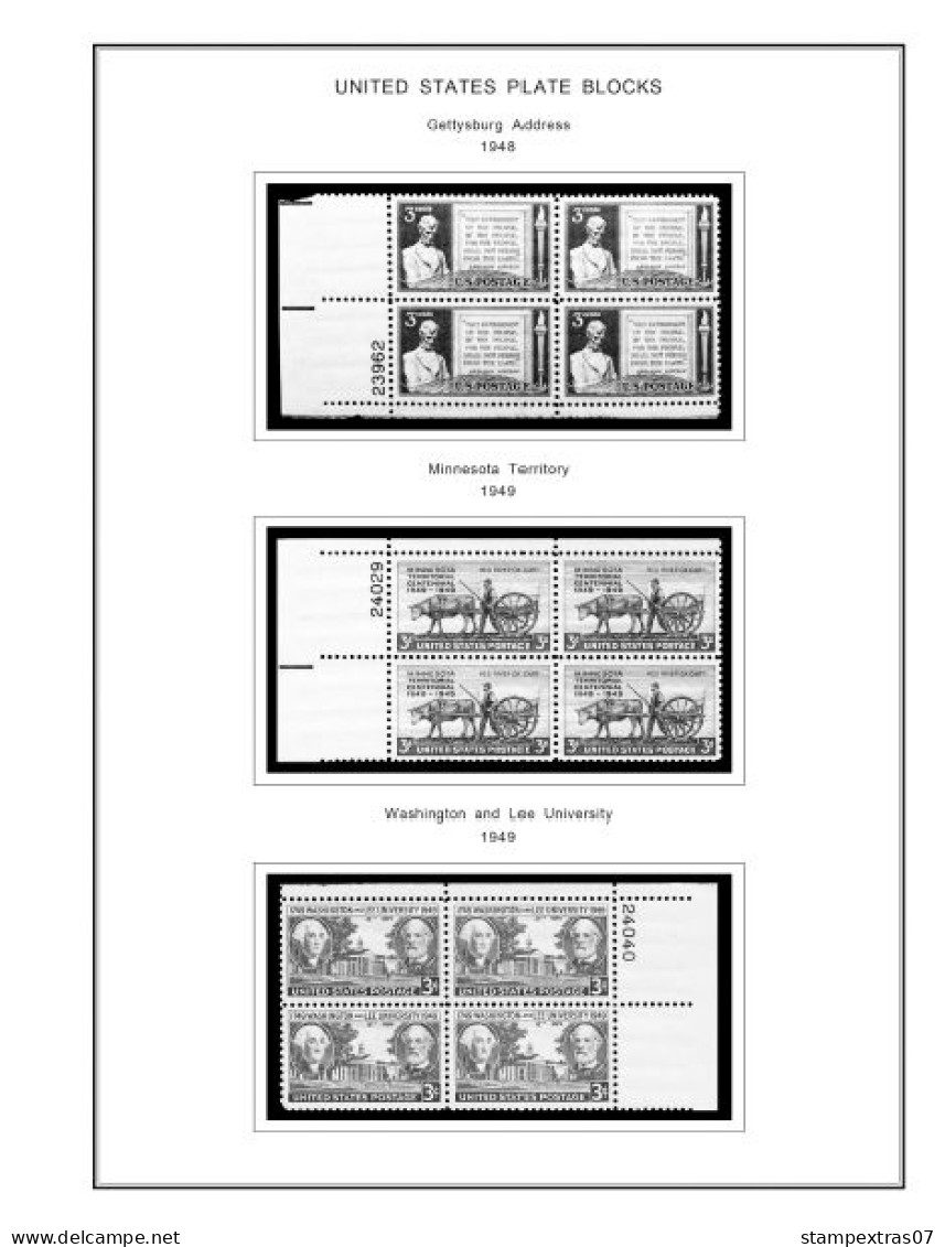 US 1940-1949 PLATE BLOCKS STAMP ALBUM PAGES (45 b&w illustrated pages)