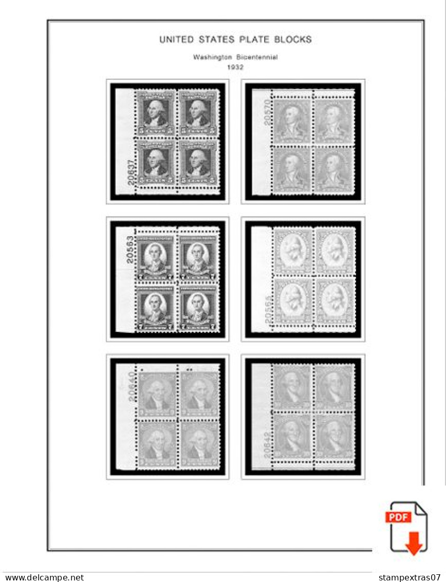 US 1930-1939 PLATE BLOCKS STAMP ALBUM PAGES (47 B&w Illustrated Pages) - Inglés