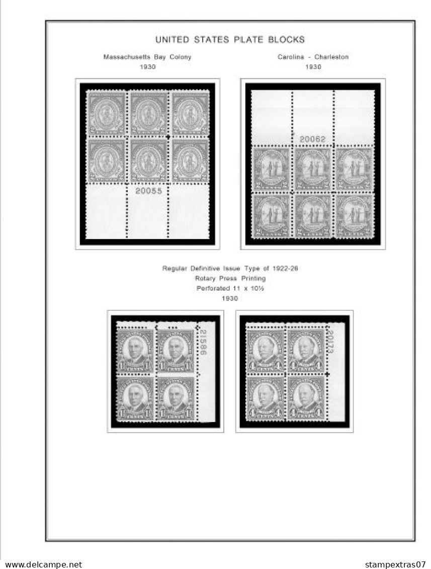 US 1930-1939 PLATE BLOCKS STAMP ALBUM PAGES (47 B&w Illustrated Pages) - Inglés