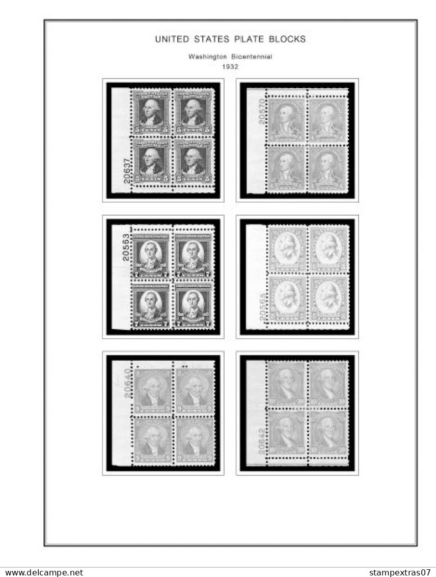 US 1930-1939 PLATE BLOCKS STAMP ALBUM PAGES (47 b&w illustrated pages)