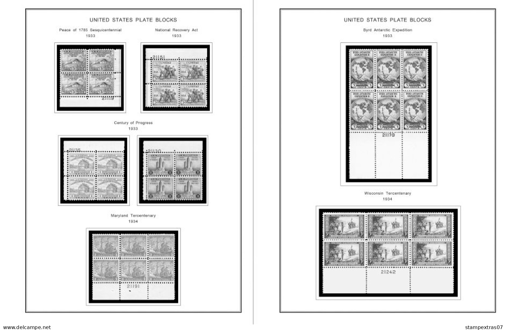 US 1930-1939 PLATE BLOCKS STAMP ALBUM PAGES (47 b&w illustrated pages)