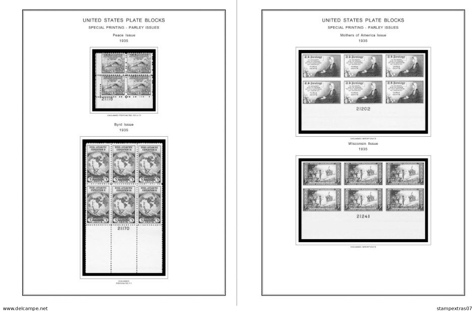 US 1930-1939 PLATE BLOCKS STAMP ALBUM PAGES (47 b&w illustrated pages)