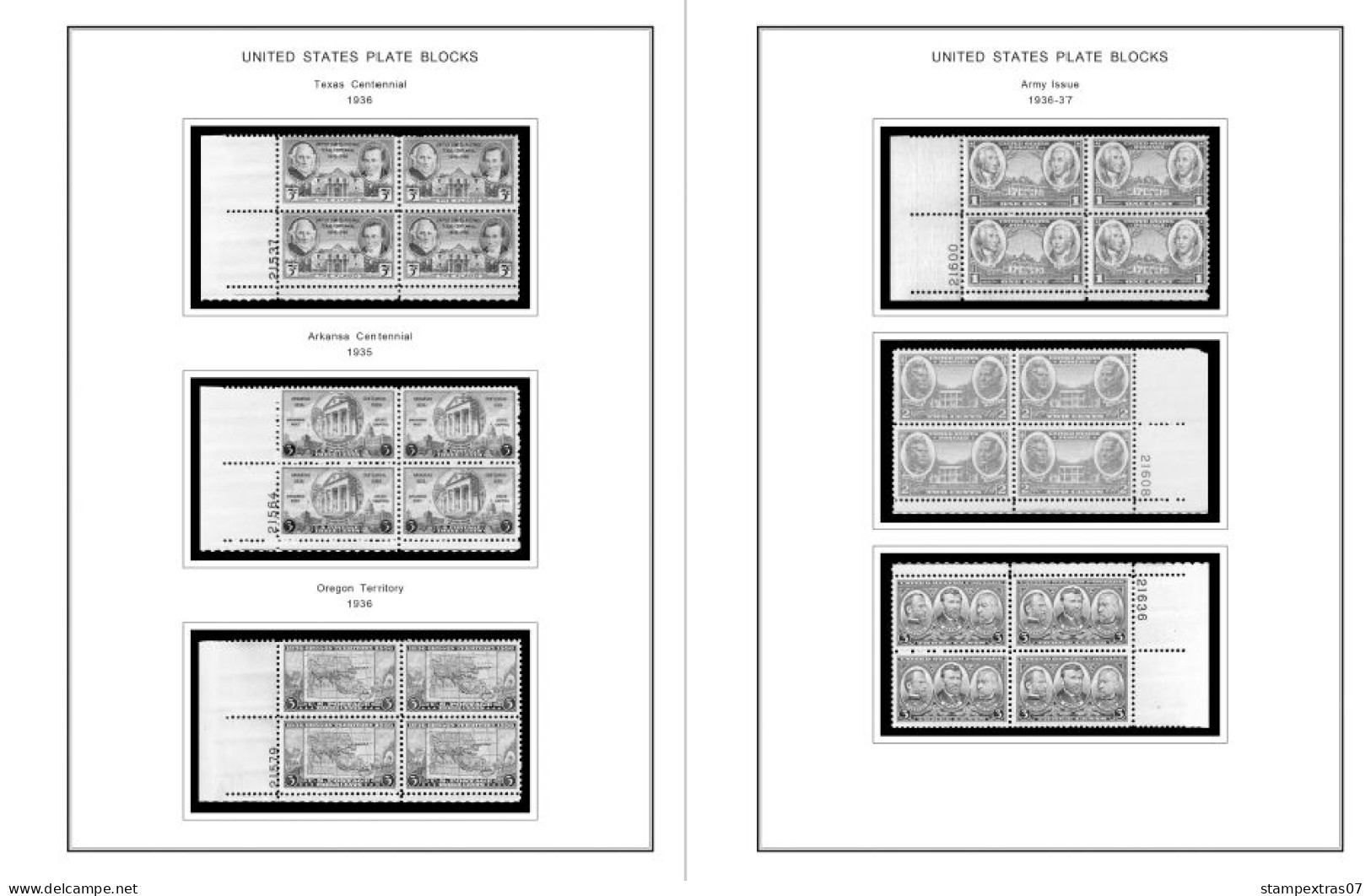 US 1930-1939 PLATE BLOCKS STAMP ALBUM PAGES (47 b&w illustrated pages)
