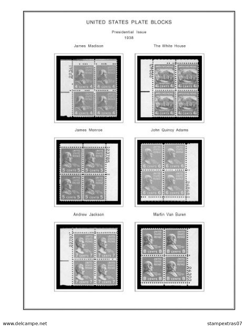 US 1930-1939 PLATE BLOCKS STAMP ALBUM PAGES (47 b&w illustrated pages)