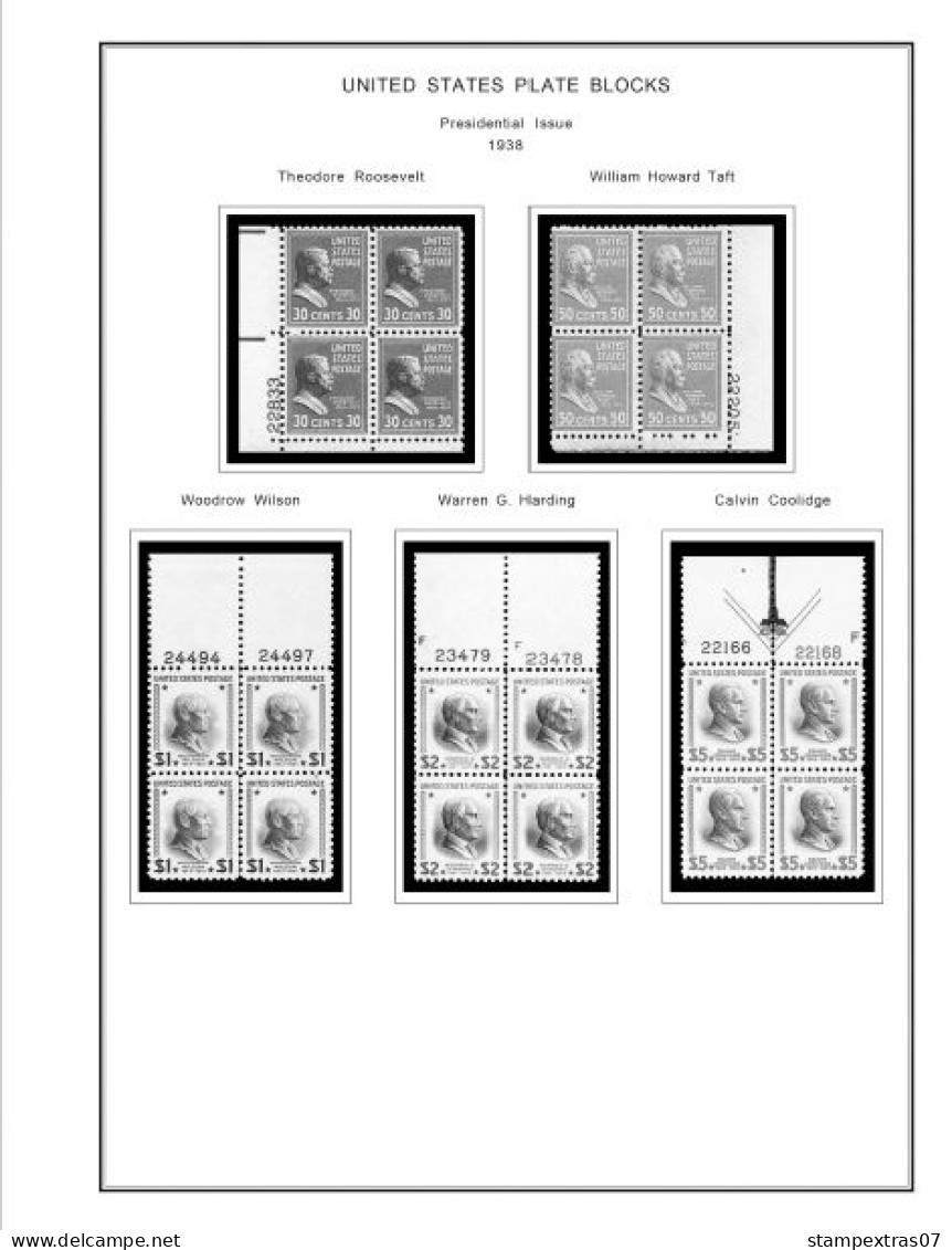 US 1930-1939 PLATE BLOCKS STAMP ALBUM PAGES (47 b&w illustrated pages)