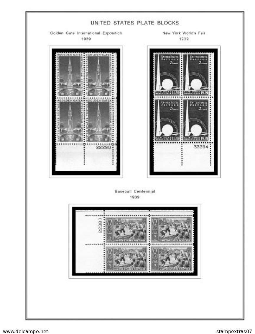 US 1930-1939 PLATE BLOCKS STAMP ALBUM PAGES (47 b&w illustrated pages)