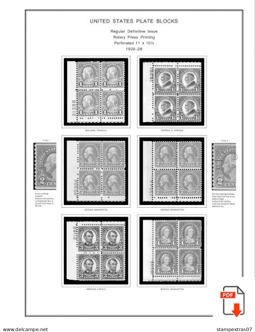 US 1901-1929 PLATE BLOCKS STAMP ALBUM PAGES (46 B&w Illustrated Pages) - English