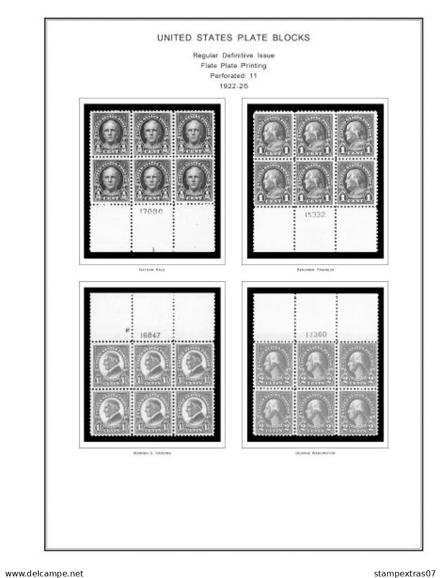 US 1901-1929 PLATE BLOCKS STAMP ALBUM PAGES (46 b&w illustrated pages)