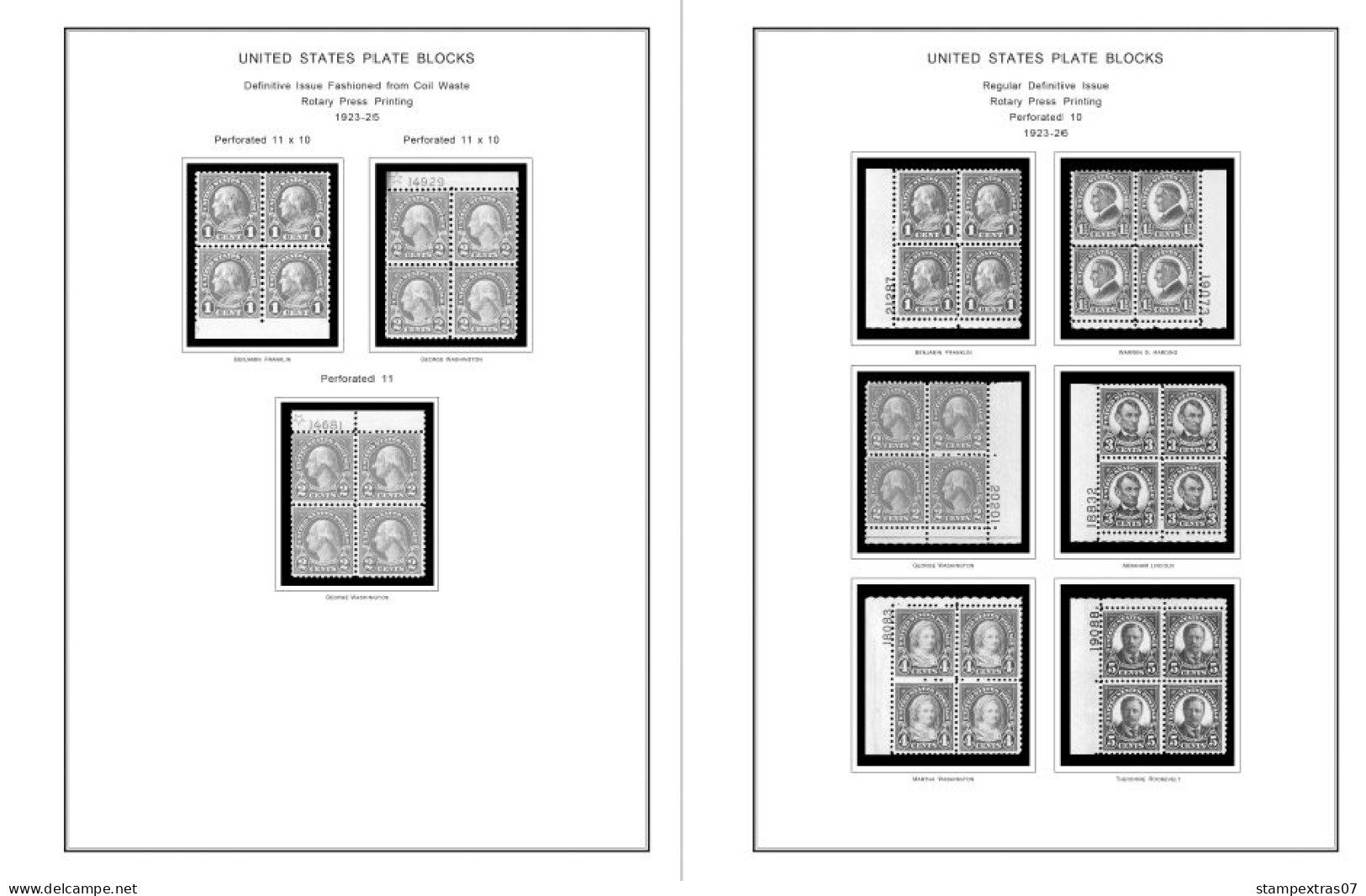 US 1901-1929 PLATE BLOCKS STAMP ALBUM PAGES (46 b&w illustrated pages)