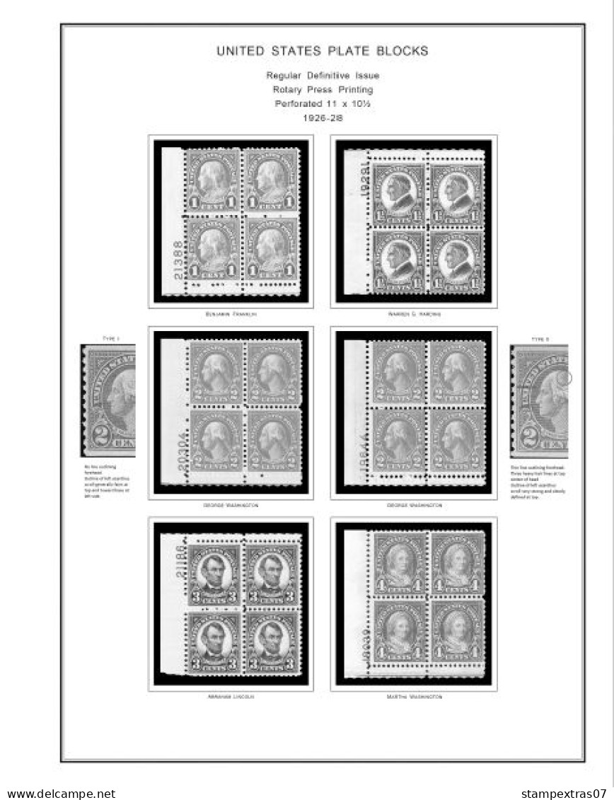 US 1901-1929 PLATE BLOCKS STAMP ALBUM PAGES (46 b&w illustrated pages)