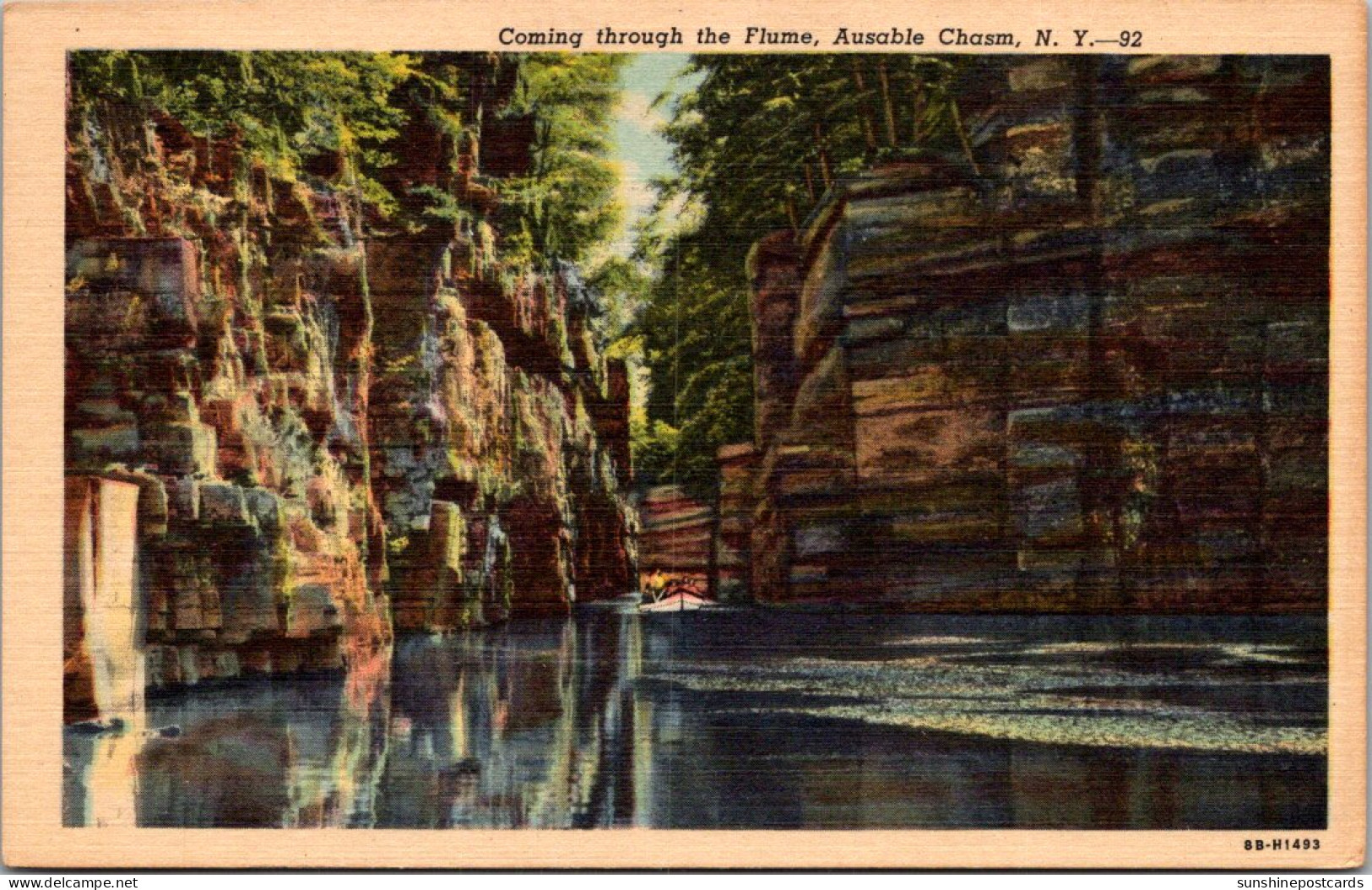 New York Ausable Chasm Coming Through The Flume Curteich - Adirondack