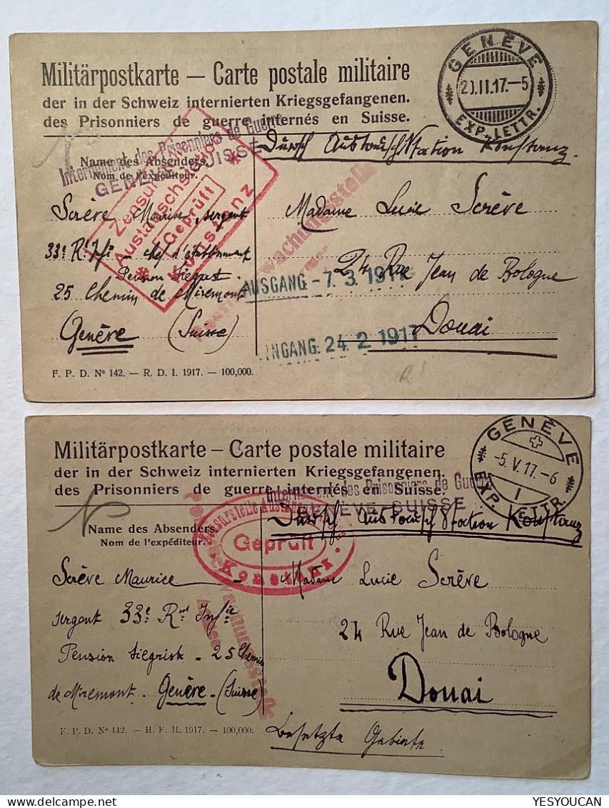 Schweiz "PRISONNIERS DE GUERRE INTERNÉS EN SUISSE" GENÈVE1917 KONSTANZ ZENSUR>Douai France (POW WW1 1914-1918censure Kgf - Lettres & Documents