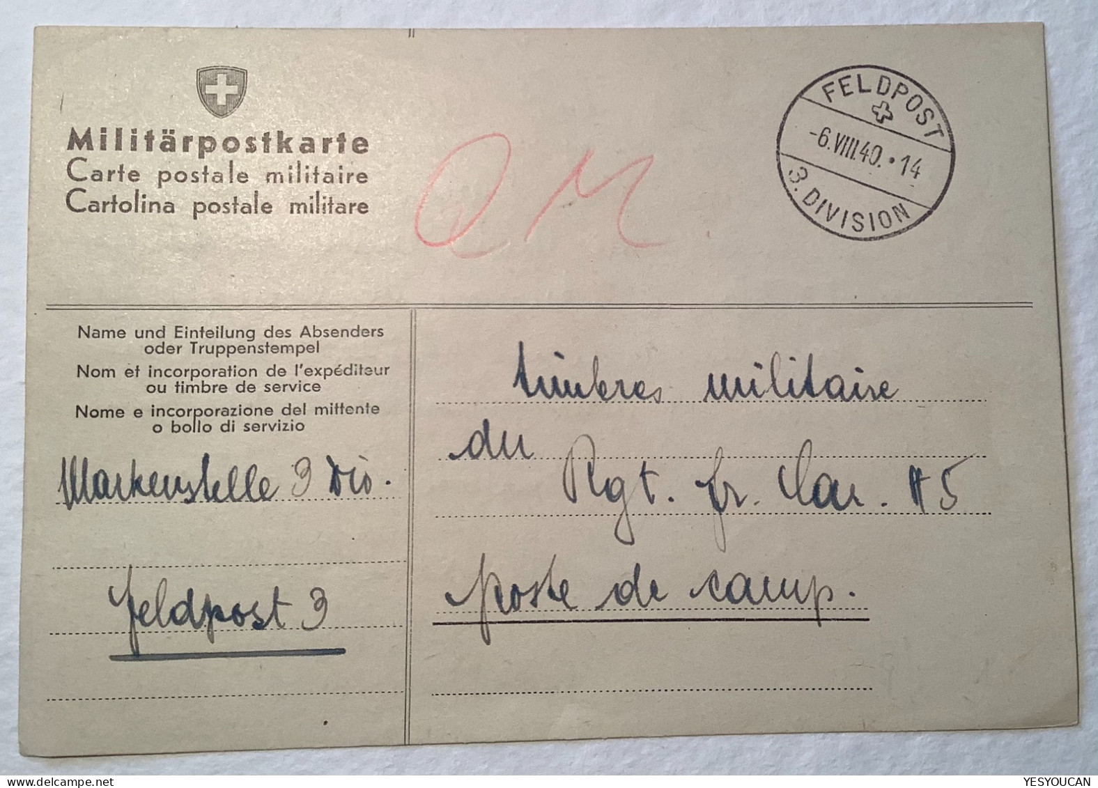 SCHWEIZ SOLDATENMARKEN:Markenstelle Timbres Militaire TAUSCH ! "FELDPOST 3 DIV. 1940" Militärpostkarte (WW2 War1939-1945 - Dokumente