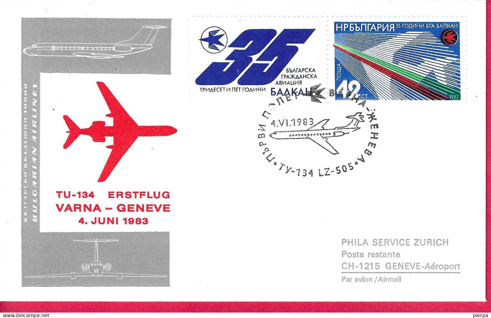 BULGARIA - FIRST FLIGHT TU-134 FROM VARNA TO GENEVE * 4.VI.1983* ON OFFICIAL COVER - Poste Aérienne