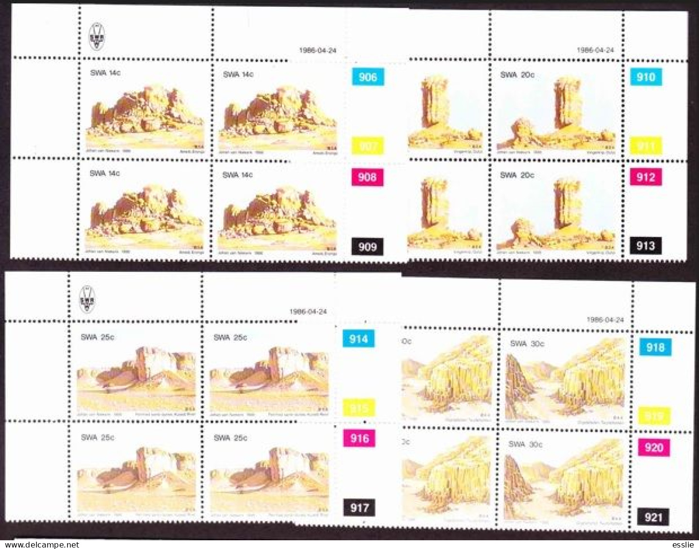 South West Africa SWA - 1986 - Rock Formations Felsformationen - Complete Set Control Blocks - Autres & Non Classés