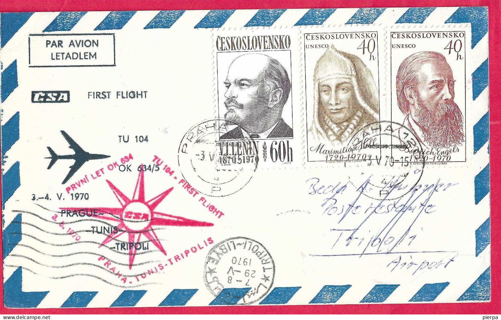 CECOSLOVACCHIA - FIRST FLIGHT TU-104 FROM PRAHA TO TRIPOLI (LIBYA) *3.5.70* ON OFFICIAL CARD - Luchtpost