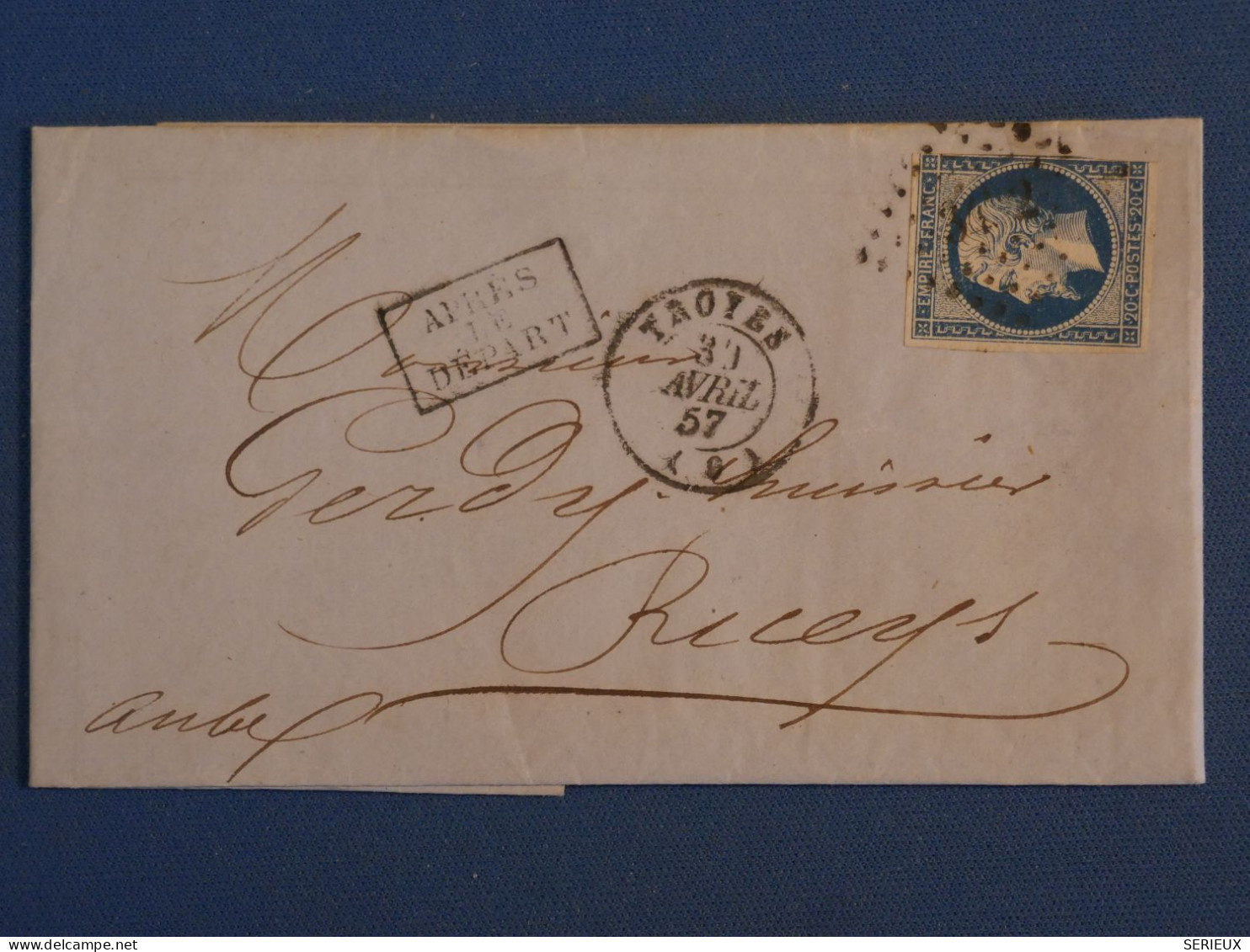 BQ 7 FRANCE   BELLE  LETTRE 1857 TROYES A RICEYS   +N°14  +AFF. INTERESSANT+ + - 1853-1860 Napoléon III.