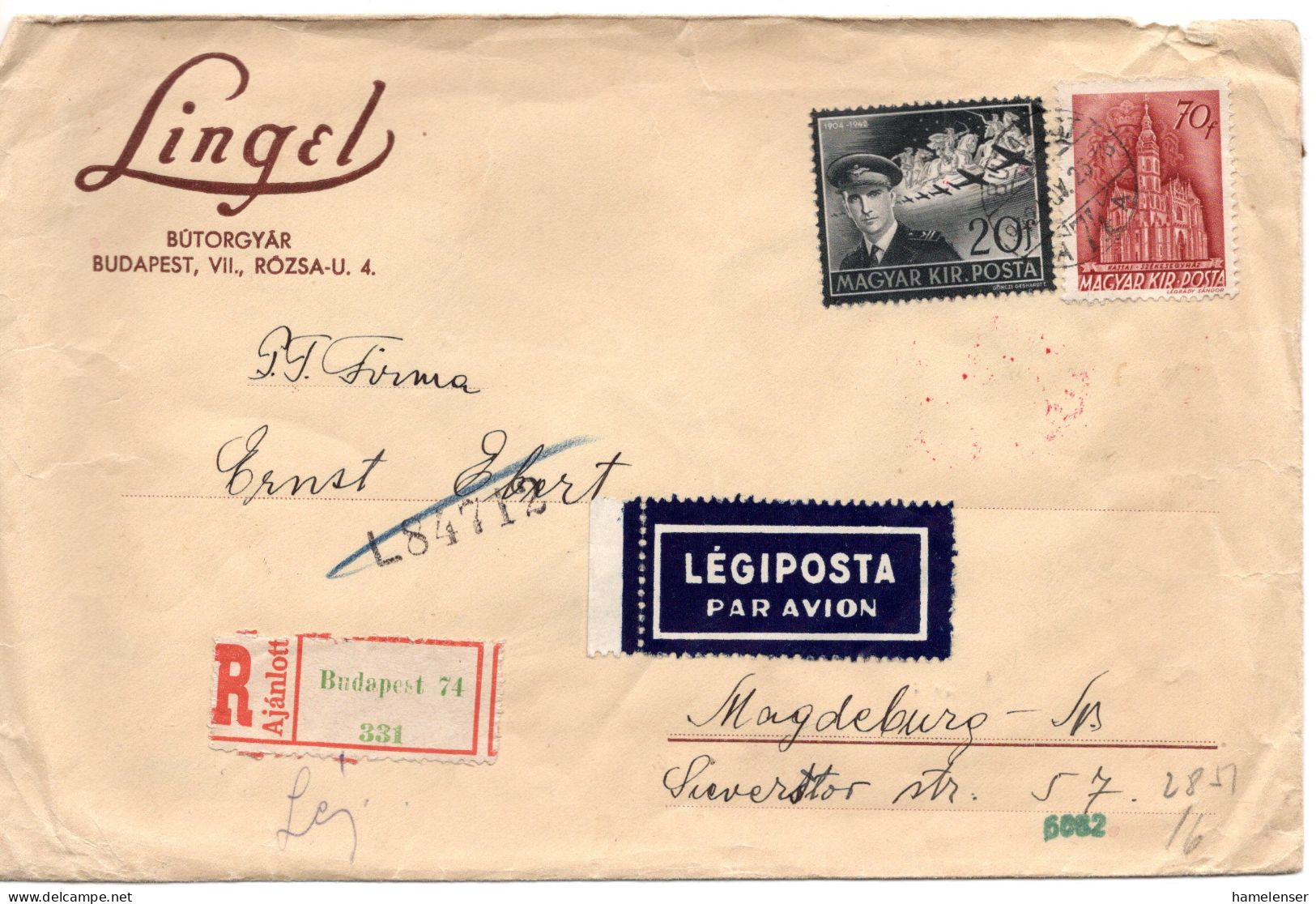 64878 - Ungarn - 1942 - 70f Stephansdom MiF A R-LpBf BUDAPEST -> MAGDEBURG (Deutschland) M Dt Zensur, Rs Le Mgl - Cartas & Documentos