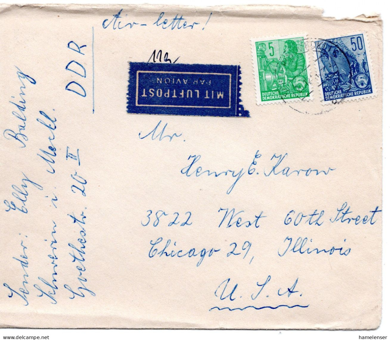 64880 - DDR - 1961 - 50Pfg Fuenfjahrplan MiF A LpBf SCHWERIN -> Chicago, IL (USA) - Storia Postale