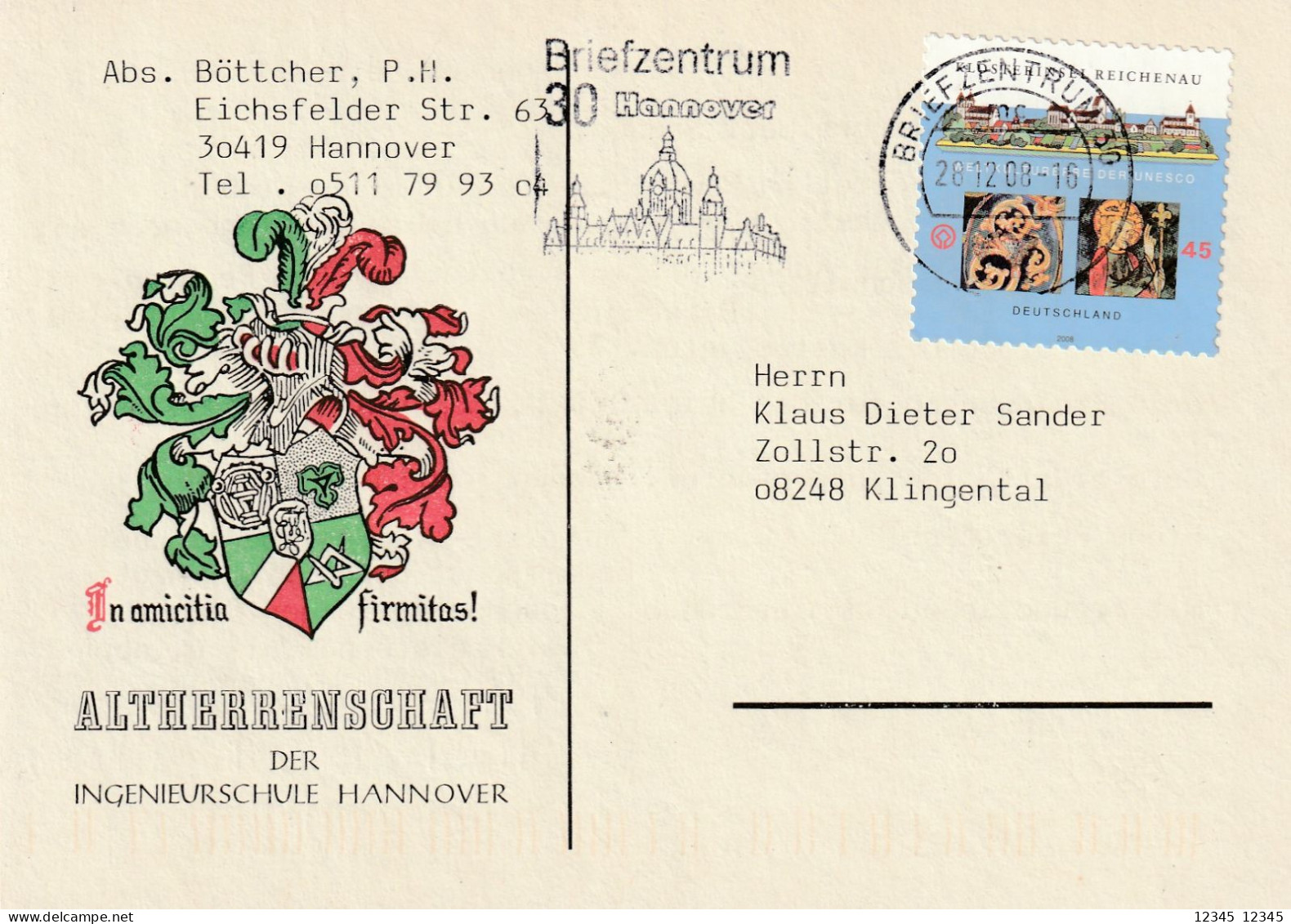 2008, Abstempelung Briefzentrum Hannover, ALTHERRENSCHAFT Der Ingenieurschule Hannover - Cartes Postales Privées - Oblitérées