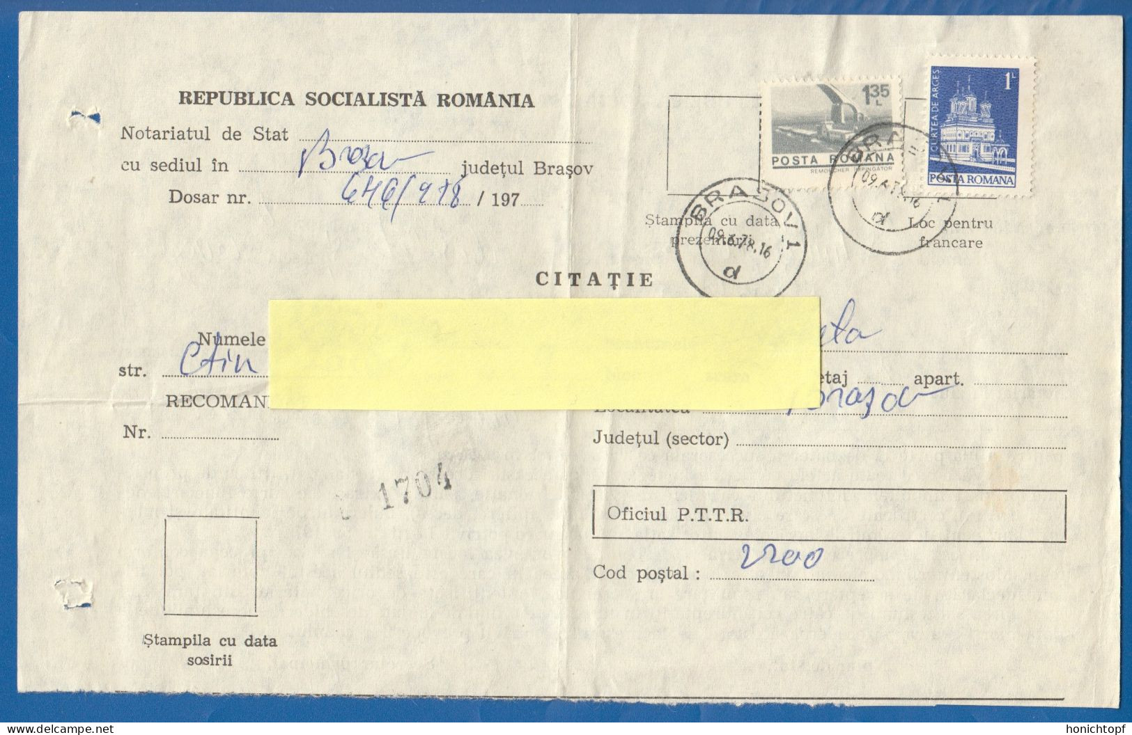 Rumänien; Document Mit Steuermarken 1978; Brasov; Romania - Fiscaux