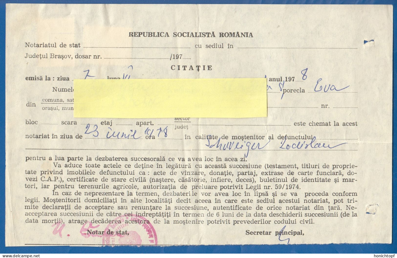 Rumänien; Document Mit Steuermarken 1978; Brasov; Romania - Fiscaux