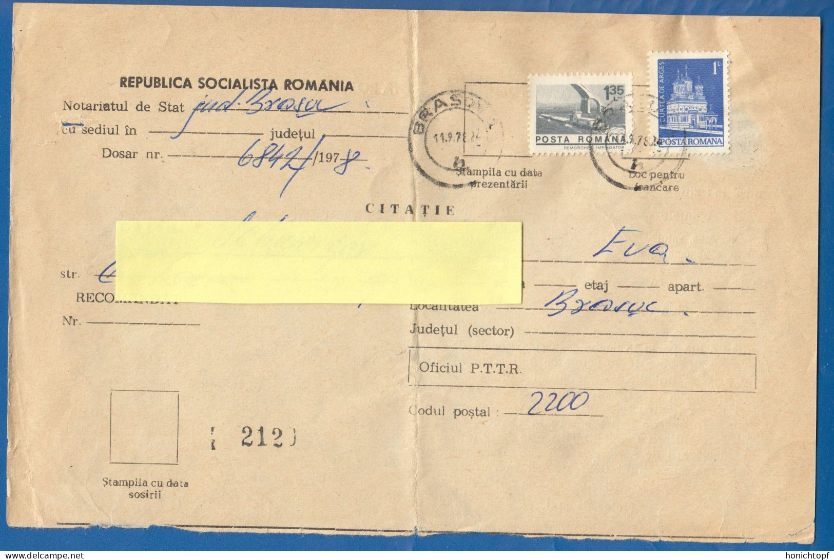 Rumänien; Document Mit Steuermarken 1978; Brasov; Romania - Fiscaux