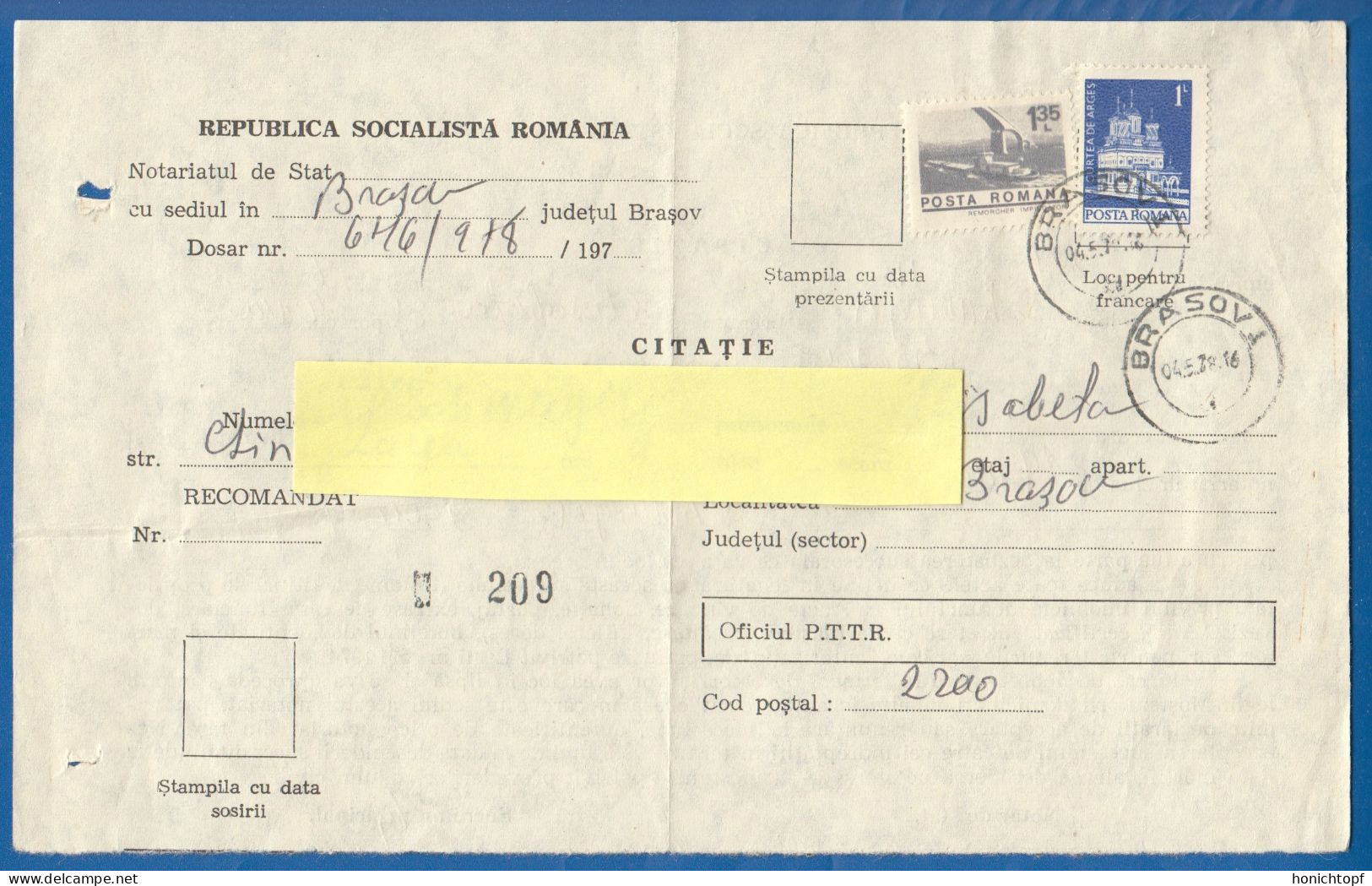 Rumänien; Document Mit Steuermarken 1978; Brasov; Romania - Fiscali