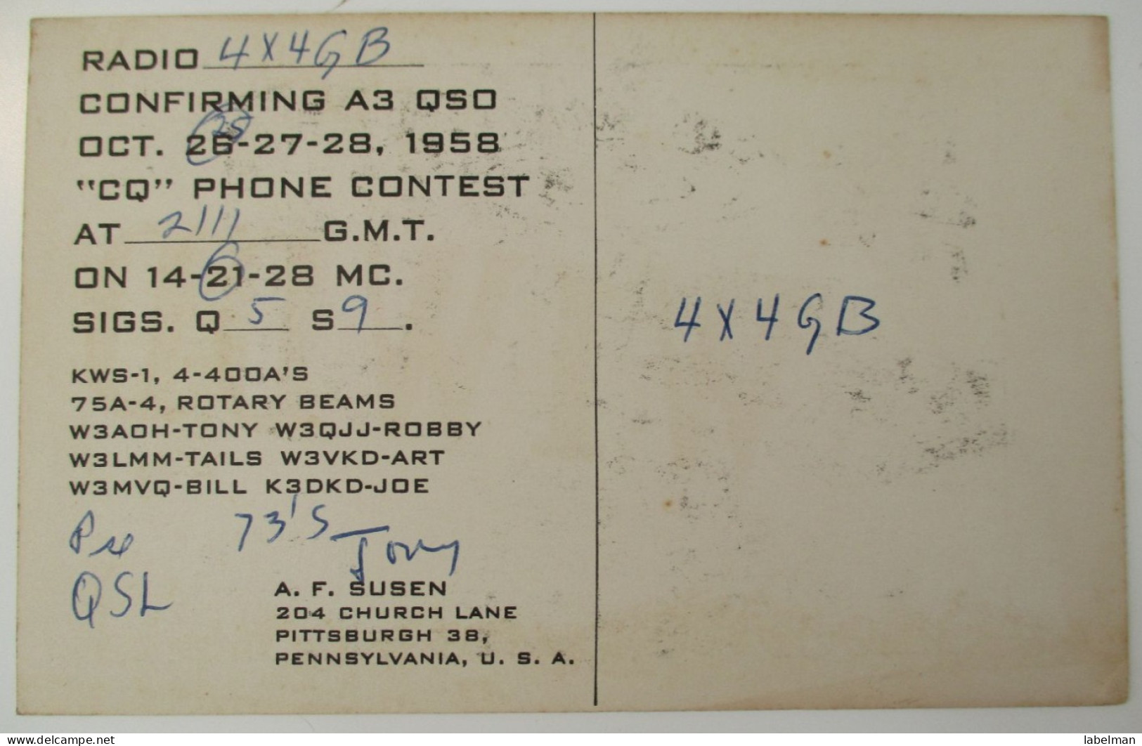 UNITED STATES USA QSL AMATEUR SHORTWAVE RADIO STATION CARD A F SUSEN PITTSBURGH POSTCARD ANSICHTSKARTE - Pittsburgh