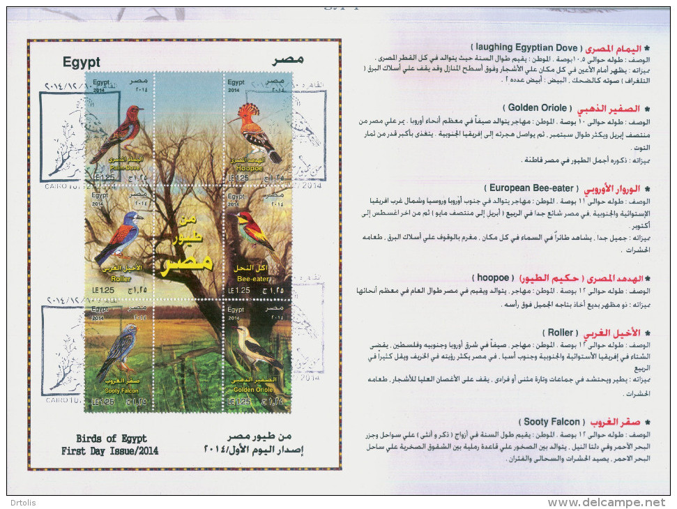 EGYPT / 2014 / BIRDS / PALM-DOVE / HOOPOE / ROLLER / BEE-EATER / SOOTY FALCON / GOLDEN ORIOLE / FD CANC. - Covers & Documents