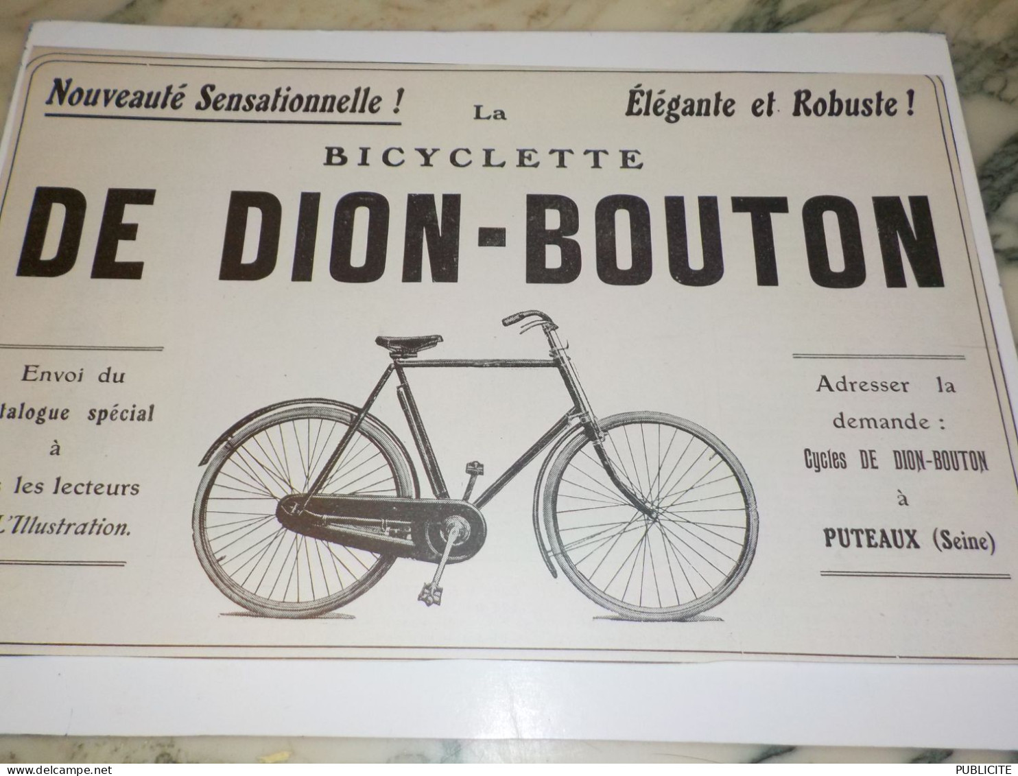 ANCIENNE PUBLICITE BICYCLETTE DE DION BOUTON 1909 - Moto