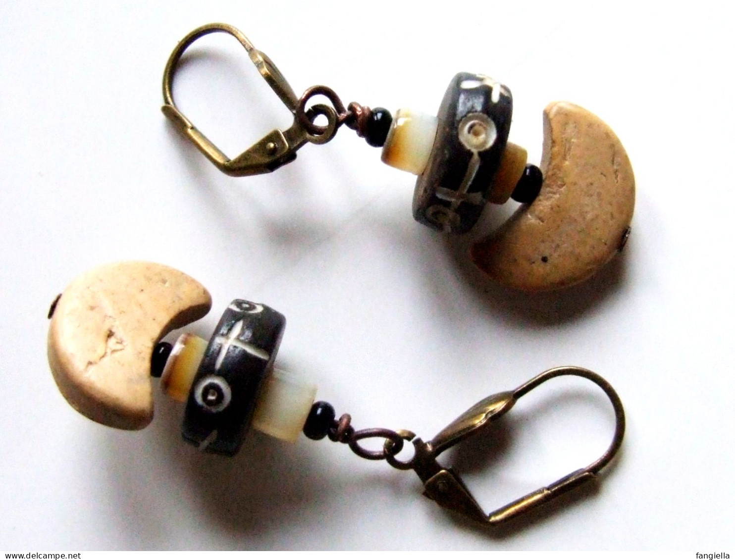 Boucles D'oreilles Pendantes Pour Homme, Bijou Corne, Lune Bois De Coco, Nacre Naturelle, Bijou Fait-main, Rocker Gothiq - Aretes