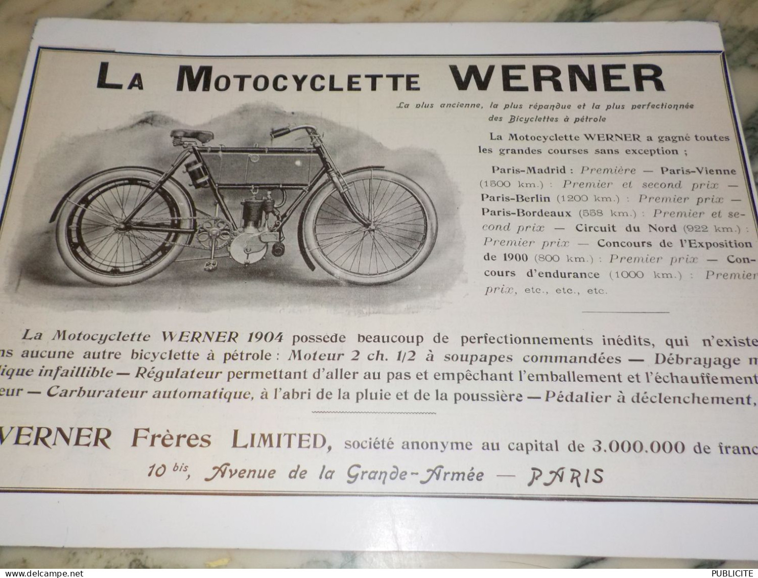 ANCIENNE PUBLICITE LA MOTOCYCLETTE  WERNER 1904 - Moto