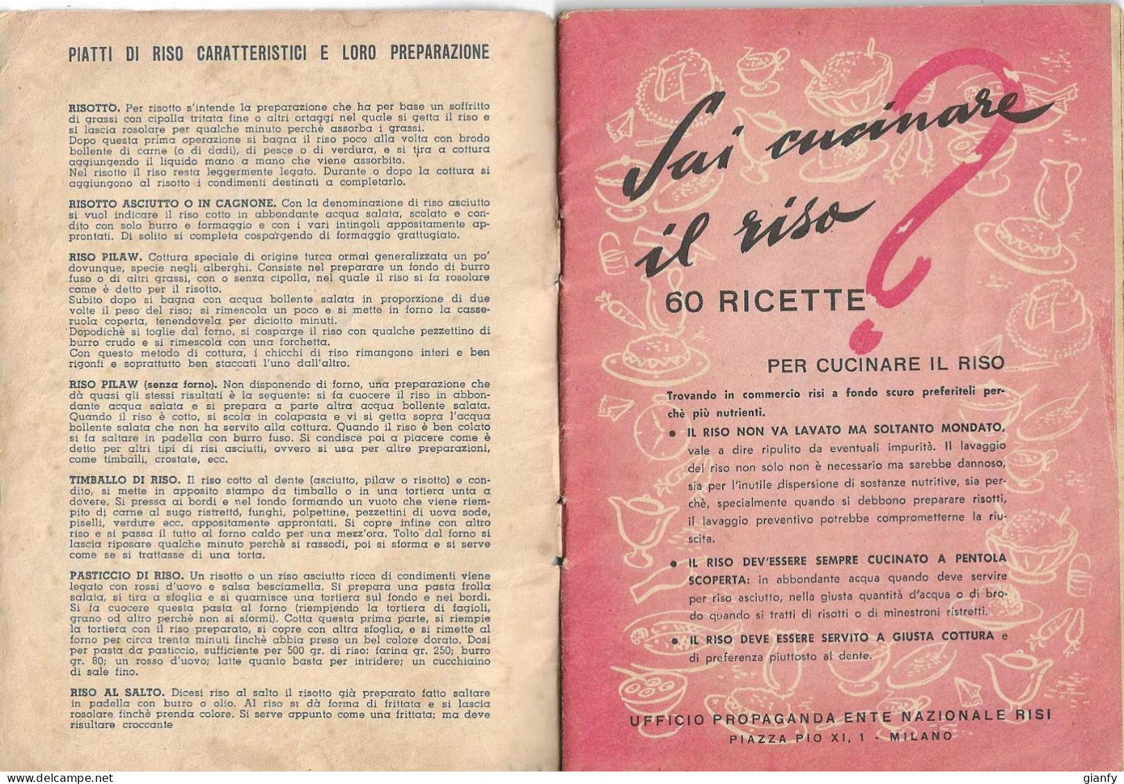 SAI CUCINARE IL RISO? - ENTE NAZIONALE RISI - MILANO 1953 60 RICETTE - House & Kitchen