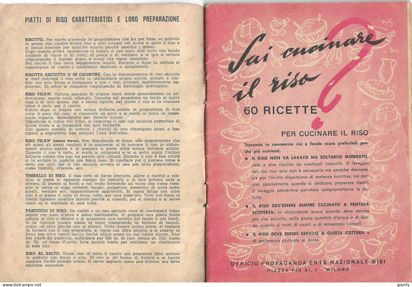 SAI CUCINARE IL RISO? - ENTE NAZIONALE RISI - MILANO 1953 60 RICETTE - Casa E Cucina