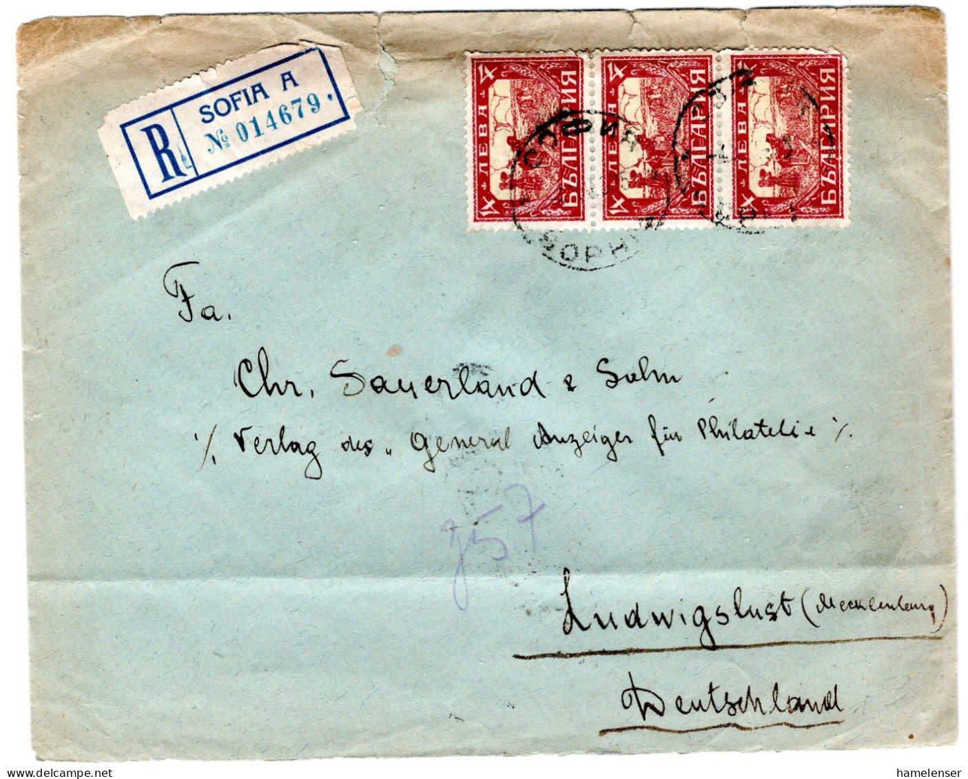 L64883 - Bulgarien - 1925 - 3@4L Landwirtschaft A R-Bf SOFIA -> LUDWIGSLUST (Deutschland), Kl Mgl - Lettres & Documents