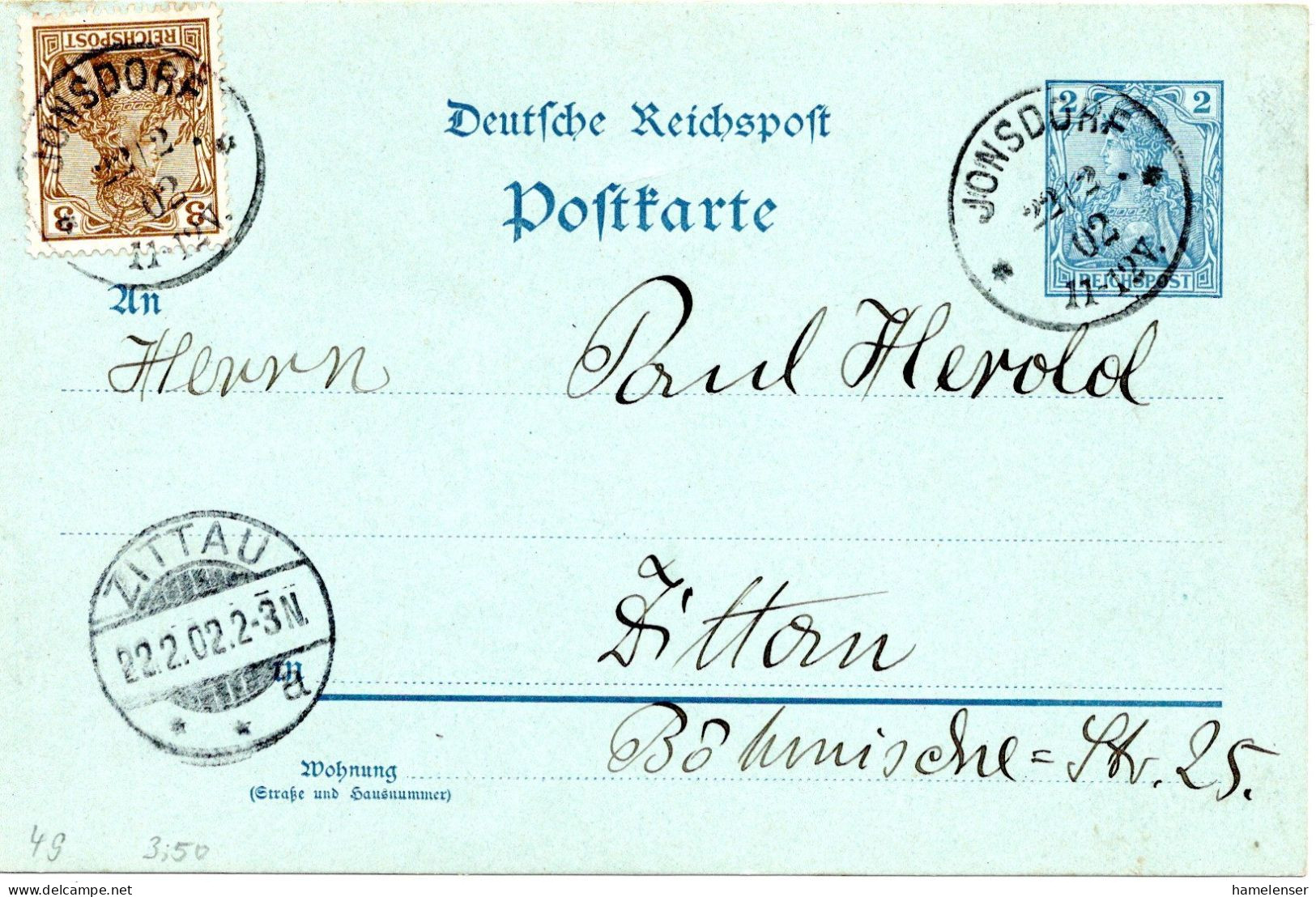 64890 - Deutsches Reich - 1902 - 2Pfg Germania Reichspost GAKte M ZusFrankatur JONSDORF -> ZITTAU - Storia Postale